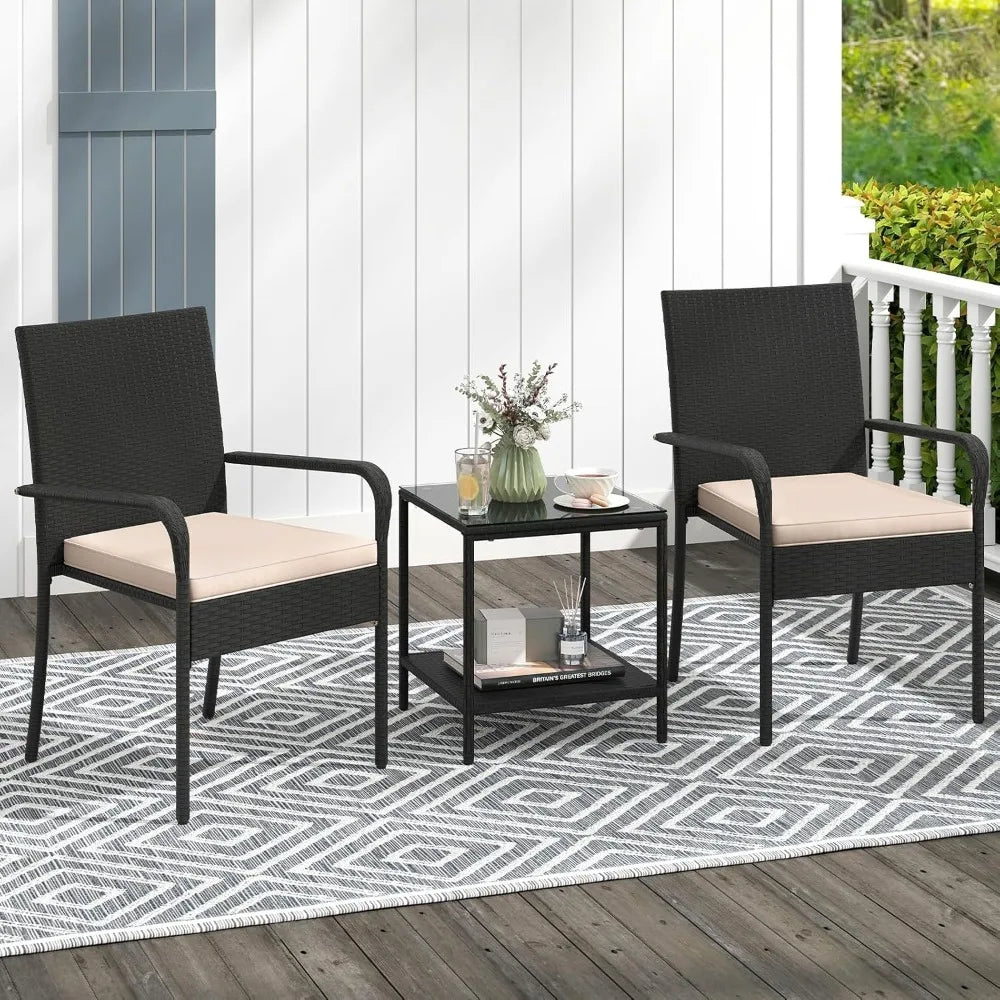 3-Piece Outdoor Patio Furniture Set PE Rattan Cushioned Conversation Chairs & 2-Tier Tempered Glass Table
