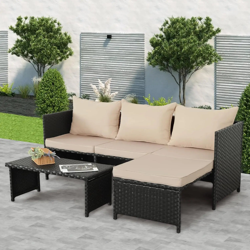 3-Piece Outdoor PE Rattan Furniture Set Black Wicker Conversation Loveseat & Sectional Sofa with Khaki Cushions