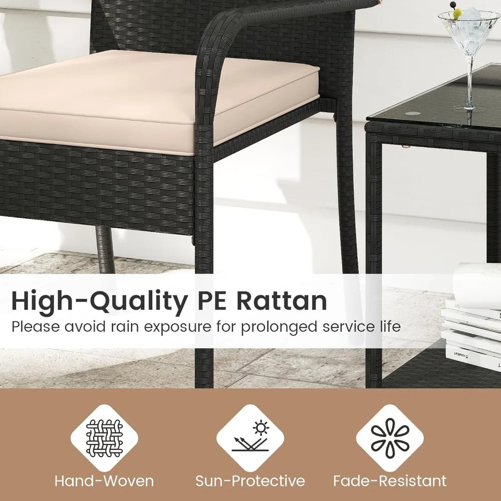 3-Piece Outdoor Patio Furniture Set PE Rattan Cushioned Conversation Chairs & 2-Tier Tempered Glass Table