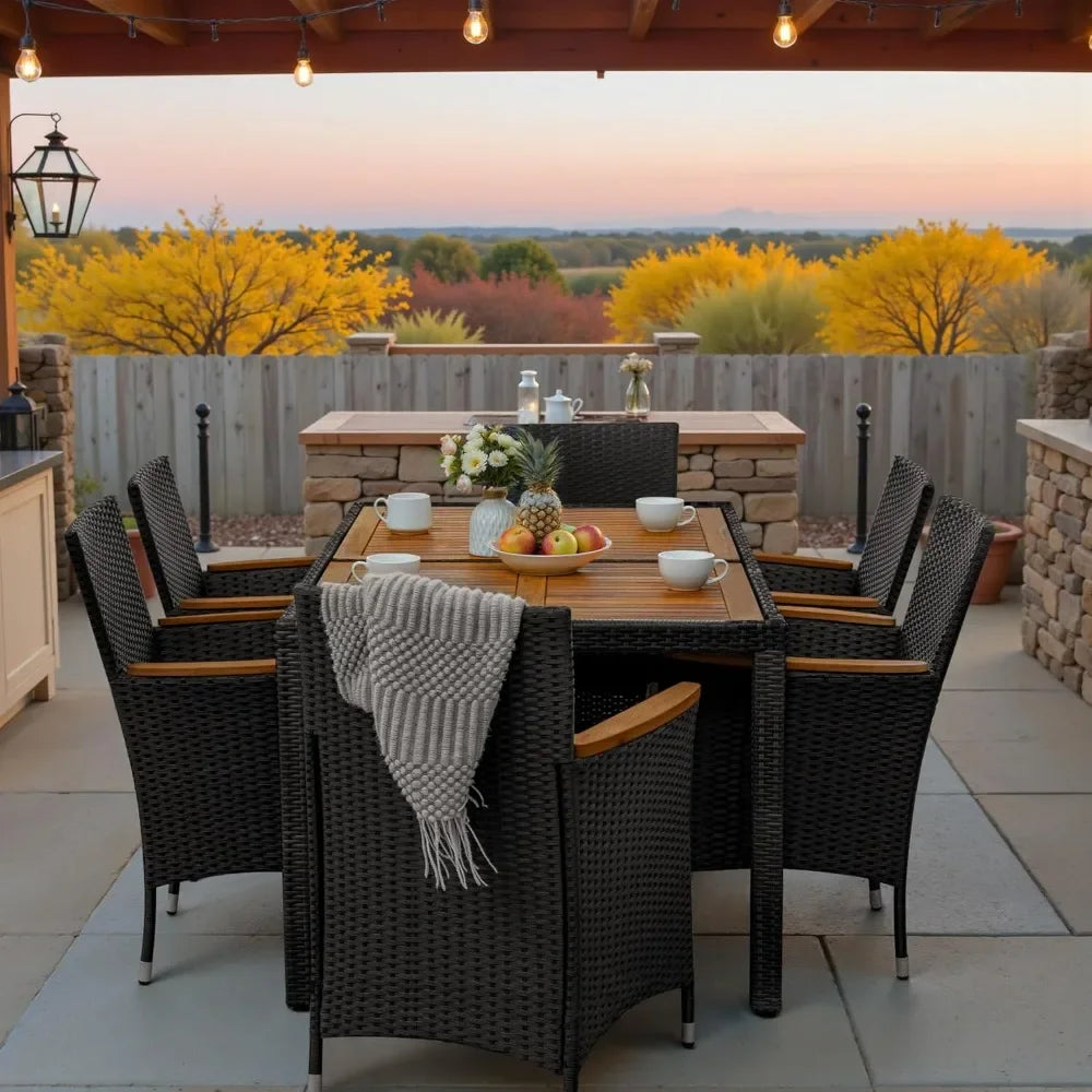 7-Piece Outdoor Patio Dining Set – Acacia Wood Table & 6 Rattan Dining Chairs with Cushions